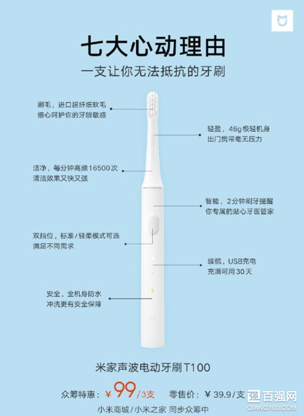 米家声波电动牙刷T100正式众筹：3秒渐强启动功能